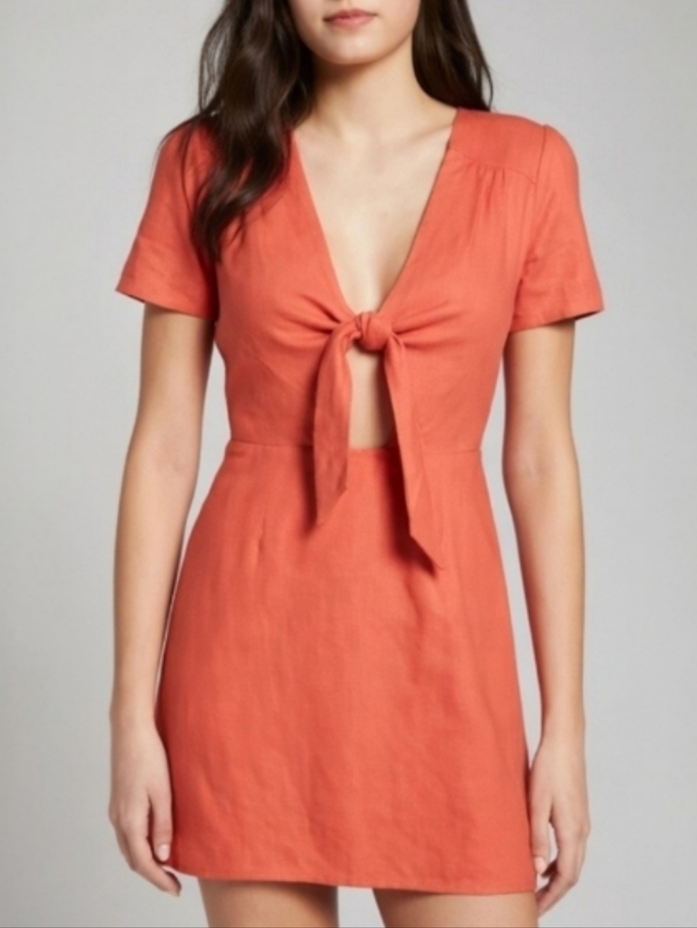 Socialite Jillian Tie Front Mini Dress Rust Orange Linen Blend Womens Size XL